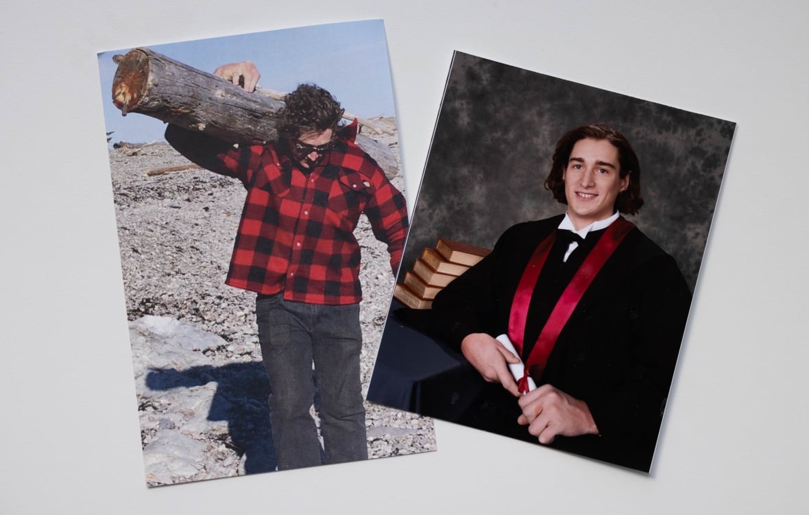 Two photos of a young man: one of him carrying a log and another of him in a graduation gown.