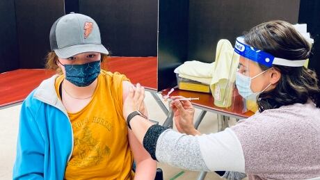 A Saskatchewan teenager gets vaccinated against COVID-19. Kevin Wasko/Twitter