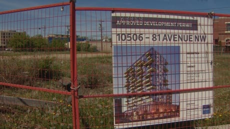 The lot at 81st Avenue and 105th Street has been vacant since the developer tore down the Strathcona Presbyterian Church to make room for a tower that's never been built. Mezzo lot
