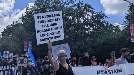 Protesters with Extinction Rebellion demonstrate near City Hall in Vancouver against old growth logging on Saturday June 12, 2021. Protesters Cambie and Broadway June 12 2021 Extinction Rebellion
