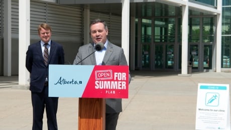 Alberta Premier Jason Kenney and Minister of Health Tyler Shandro at a press conference at the Edmonton Expo Centre on Monday, June 14, 2021. Jason Kenney Tyler Shandro