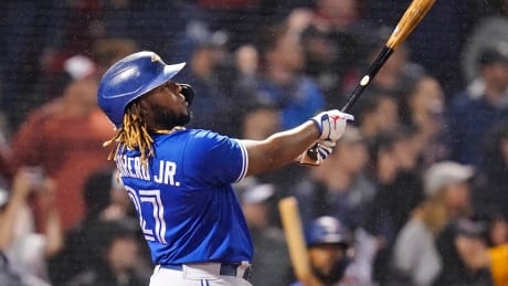 Toronto Blue Jays designated hitter Vladimir Guerrero Jr. hits a game-tying solo home run during a 2-1 loss to the Boston Red Sox on Monday. Blue Jays Red Sox Baseball
