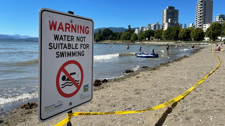 A sign that says "warning, not suitable for swimming" in front of English Bay beach in Vancouver. 
