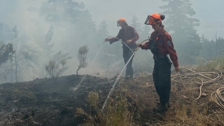 Firefighters with the B.C. Wildfire Service put out hot spots on the McKay Creek wildfire north of Lillooet. McKay Creek wildfire