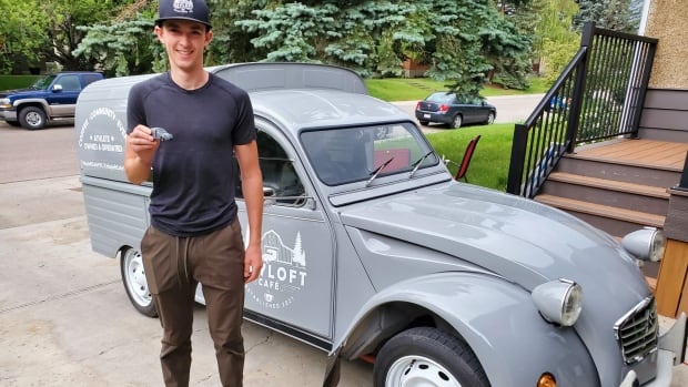 National team speed skater sells coffee in Calgary out of antique Citroën truckette