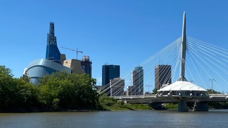 A sunny downtown Winnipeg skyline on a smoke-free summer day hints at normalcy. Canadian Museum for Human Rights
