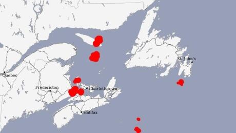 The Canadian Lightning Map showed storms over West Prince and in the Northumberland Strait. Maritimes lightning map, 11:10 am July 27 2021