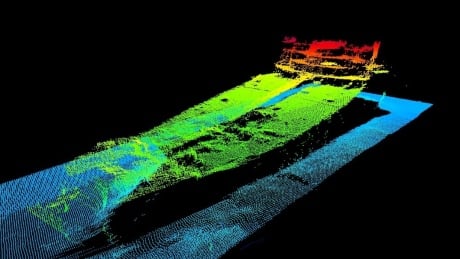 A sunken ship, illustrated here by sonar imagery, was discovered in the Flemish Pass Basin as part of a geographical seabed survey on July 13. Flemish Pass shipwreck July 2021