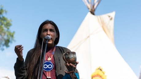 Tristen Durocher speaks at a news conference in Regina on Tuesday, Aug. 11, 2020. Durocher lived in Wascana Park for 44 days while fasting to convince the provincial government to adopt a suicide prevention bill it had recently voted down. That bill has since been adopted. Sask Teepee Protest 20200911