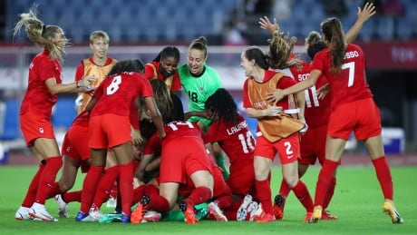 Team Canada celebrates after a thrilling quarter-final win over Brazil in penalty kicks on day seven of the Tokyo 2020 Olympic Games at Miyagi Stadium on July 30, 2021 in Rifu, Miyagi, Japan. (Photo by Koki Nagahama/Getty Images) Team Canada celebration