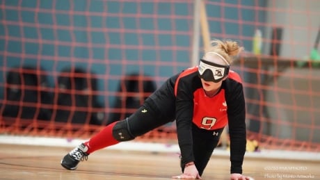 Brieann Baldock playing goalball at the Vancouver grand slam. Brieann Baldock
