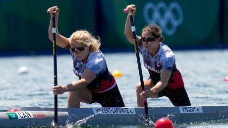 Laurence Vincent-Lapointe, and Katie Vincent, of Team Canada, compete in the women's canoe double 500m quarterfinal during the 2020 Summer Olympics, Friday, Aug. 6, 2021, in Tokyo, Japan. Tokyo Olympics Canoe Sprint