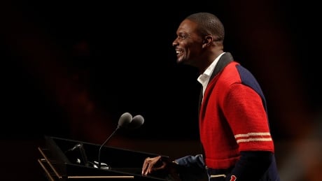 Chris Bosh speaks during the 2021 Naismith Memorial Basketball Hall of Fame ceremony on Saturday in Springfield, Mass. Chris-Bosh-110921