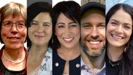 The candidates in Kitchener Centre are (from left): Ellen Papenburg of the Animal Protection Party, Diane Boskovic of the People’s Party of Canada, Mary Henein Thorn of the Conservative Party, Mike Morrice of the Green Party of Canada, Beisan Zubi of the NDP. Kitchener Centre candidates federal election 2021