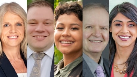 The federal election candidates in Waterloo are (from left): Meghan Shannon of the Conservatives, Jonathan Cassels of the NDP, Karla Villagomez Fajardo of the Green party, Patrick Doucette of the People's Party of Canada and Bardish Chagger of the Liberals. Waterloo federal election candidates