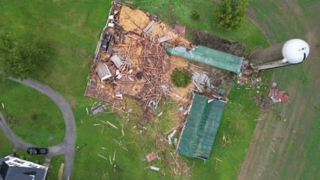 Drone shot of a barn in Ailsa Craig, Ont., after down a downburst destroyed a barn on Sunday. Ailsa Craig -- damage