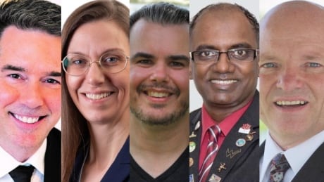 The Kitchener-Conestoga candidates are (from left): Tim Louis of the Liberals, Carlene Hawley of the Conservatives, Owen Bradley of the Green party, Narine Dat Sookram of the NDP and Kevin Dupuis of the People's Party of Canada. Kitchener-Conestoga candidates federal election 2021