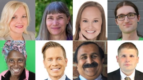 There are eight people running in the riding of Kitchener South-Hespeler. They are (top row from left): Valerie Bradford for the Liberals, Elaine Baetz for the Marxist-Leninist Party, Melissa Baumgaertner for the People's Party, Gabe Rose for the Green party, (bottom row from left): C.A. Morrison as an independent, Tyler Calver for the Conservatives, Suresh Arangath for the NDP and Stephen Davis for the Rhinoceros Party. Kitchener South-Hespeler candidates 2021 federal election