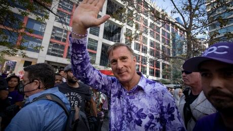 People’s Party of Canada Leader Maxime Bernier takes part in a rally outside the CBC building, in Toronto, on Sept. 16, 2021. Maxime Bernier rally, Toronto