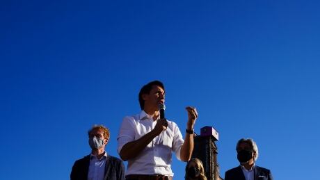 Liberal leader Justin Trudeau is joined by fellow candidates, left to right, Marc Miller, Melanie Joly, and Pablo Rodriquez as he makes a campaign stop in Montreal, Quebec, on Sunday, Sept. 19, 2021. FedElxn Liberals 20210919