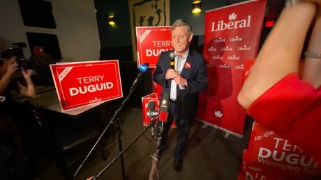 Liberal incumbent Terry Duguid speaks with media after retaking the riding of Winnipeg South for the Liberals on Monday night. Terry Duguid wins Winnipeg South for the Liberals, again