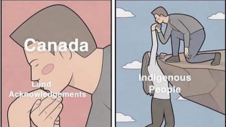 This meme has been circulating social media and demonstrates some of the criticisms towards land acknowledgements. Land acknowledgement meme