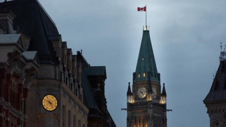 Peace Tower Parliament Hill Canada Flag Ottawa Weather Dusk