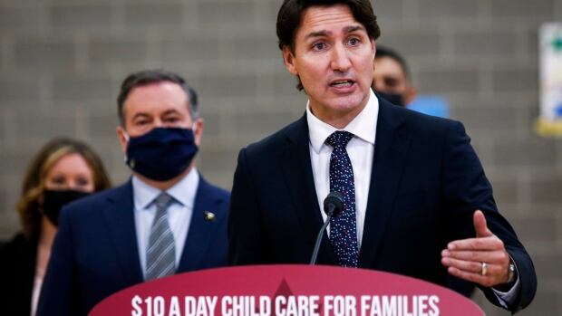 Prime Minister Justin Trudeau, right, makes a child-care announcement as Alberta Premier Jason Kenney in Edmonton on Monday, Nov. 15, 2021. Prime Minister Justin Trudeau, right, makes a child-care announcement as Alberta Premier Jason Kenney in Edmonton on Monday, Nov. 15, 2021.