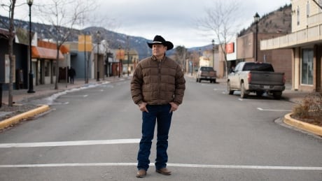 Chief Arnold Lampreau, Shackan Indian Band, is pictured in an empty street in Merritt, B.C. on Thursday, November 25, 2021. (Maggie MacPherson/CBC) SHACKAN CHIEF