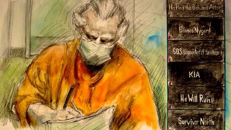 This sketch shows Peter Nygard taking notes during a bail hearing in Toronto, where appeared at a bail hearing on Jan. 14, 2022. On the right, the panels display the screen names of members of the public who observed the hearing. Peter Nygard courtroom sketch