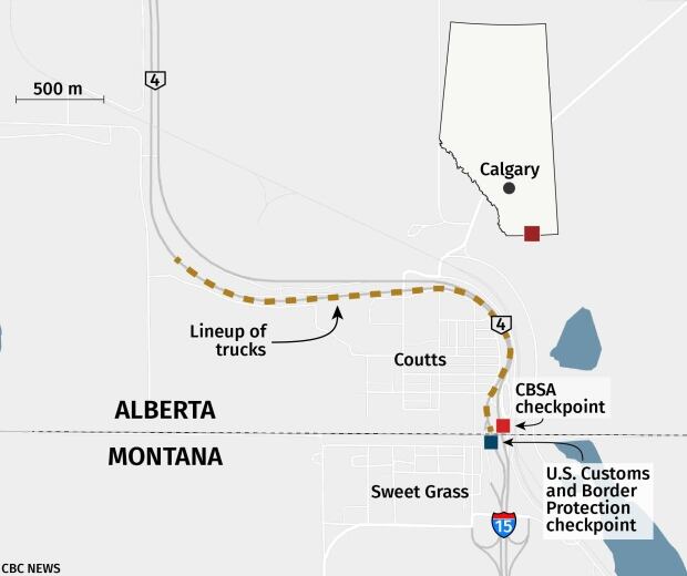 Alberta Us Border Map Alberta Premier Says Massive Blockade Preventing Access To U.s. Border  'Must End' | Cbc News