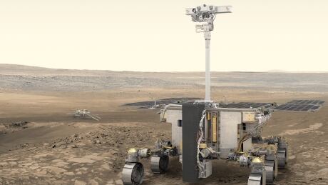 This artist’s impression shows the European Space Agency’s ExoMars Rosalind Franklin rover (foreground) and Russia’s science platform (background) on Mars. European Space Agency's Rosalind Franklin ExoMars