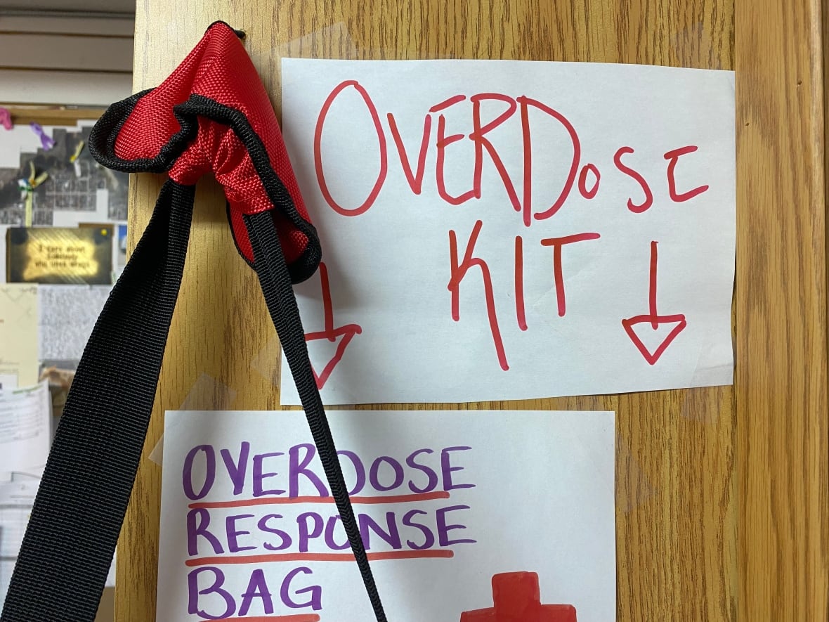 An overdose emergency kit hangs at the Blood Ties Four Directions office in Whitehorse, Yukon.