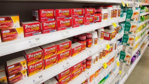 Red boxes of medication are seen on a white store shelf