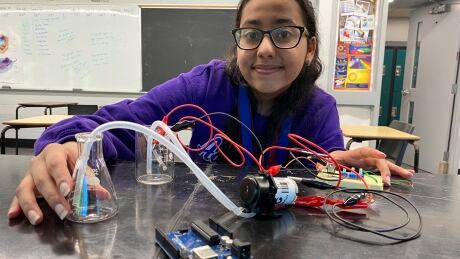 Windsor Grade 10 student Sohila Sidhu shows the prototype artificial pancreas she invented, which is designed to help manage diabetes. Sohila Sidhu