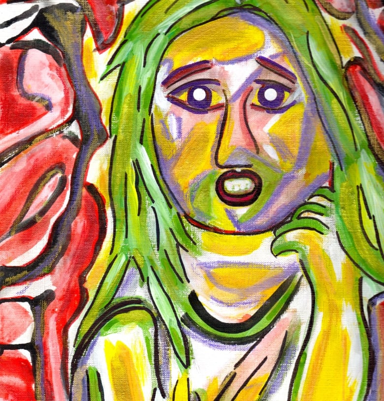 A colourful painting of an anxious woman. 