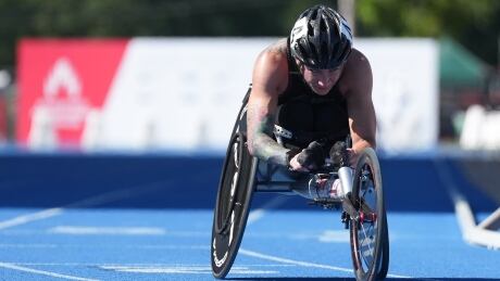 Jessica Frotten, of Whitehorse, races to a first place finish in the 1500 meter para wheelchair final at the Canadian Track and Field Championships in Langley, B.C., on Friday, June 24, 2022. Jessica Frotten