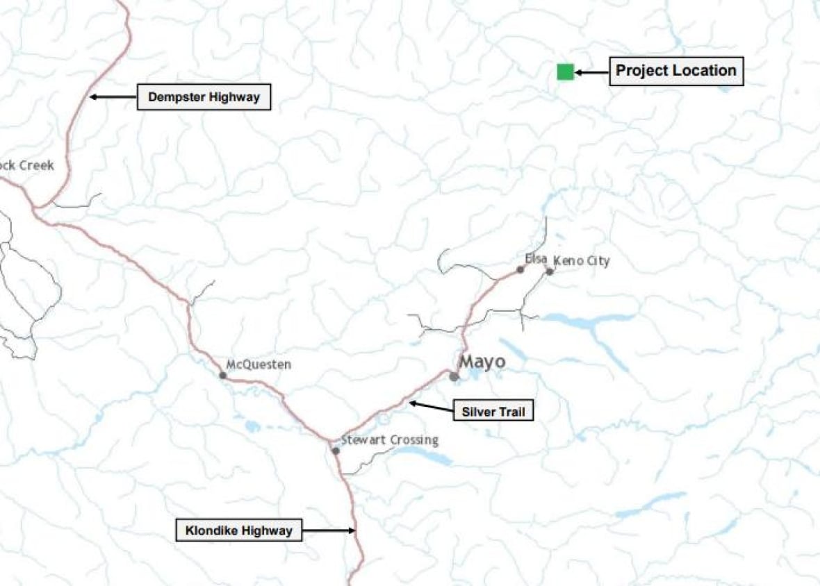 A map showing the project location in relation to Mayo, the Klondike Highway and the Dempster Highway.