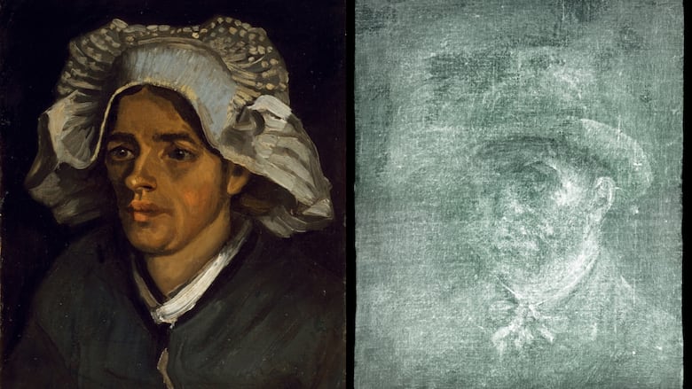 A colour painting of a woman next to an X-ray image of Vincent Van Gogh's self-portrait
