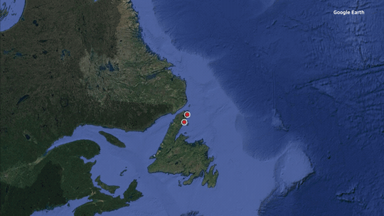 An animated gif zooms in on Newfoundland, with markers showing the towns of St. Anthony and Conche. 