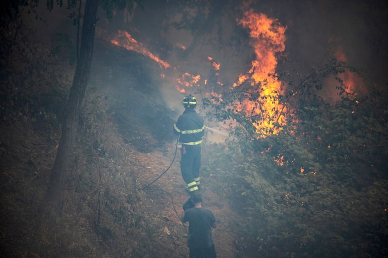 Un pompier pulvérise de l'eau sur une garrigue en feu. 