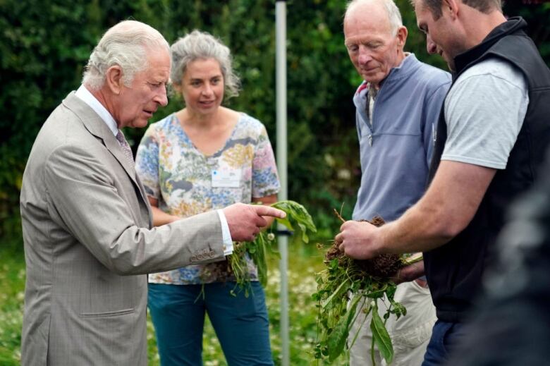 A group of people talk at a farm.