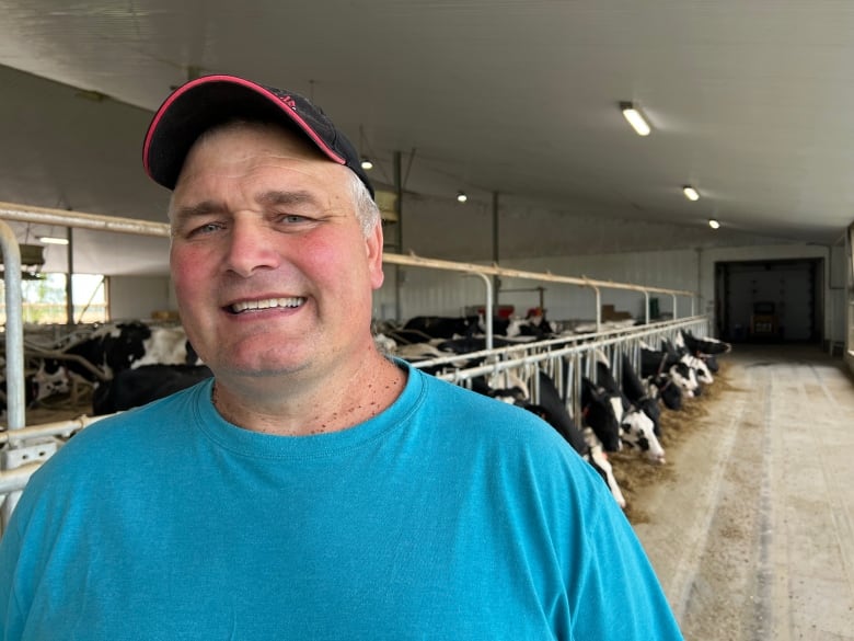 A man in a blue T-shirt stands in front of a pen full of cows.