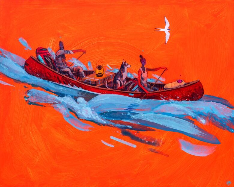A painting of two people and a dog in a canoe.