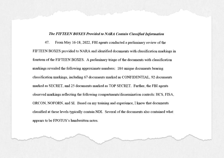 Una declaración jurada del FBI describe documentos encontrados en enero en el Trump Club, algunos de los cuales están marcados con abreviaturas de información clasificada como, "No disponible para ciudadanos extranjeros/gobiernos/ciudadanos estadounidenses" Y el "inteligencia privada."