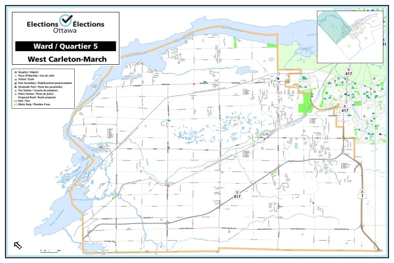 A map showing the boundaries of Ward 5 West Carleton-March.