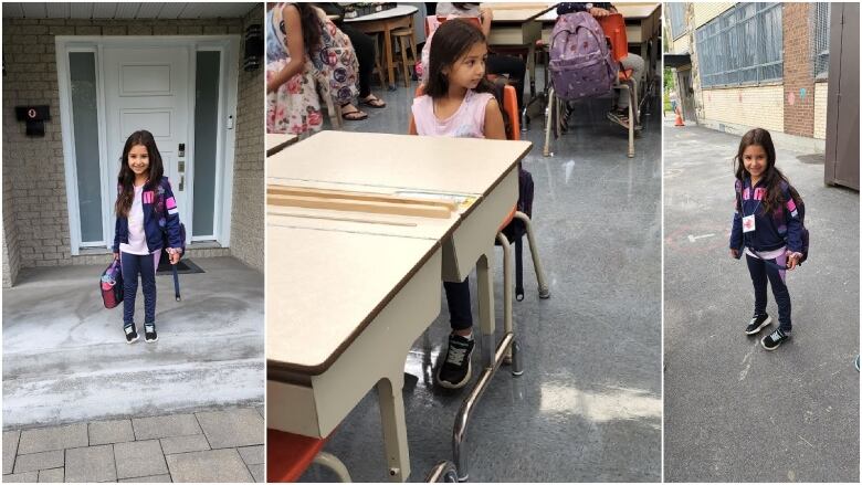 A composite image of a young girl on her first day of school. She's seen outside her house at left, sitting at a desk at centre and outside a school building at right.