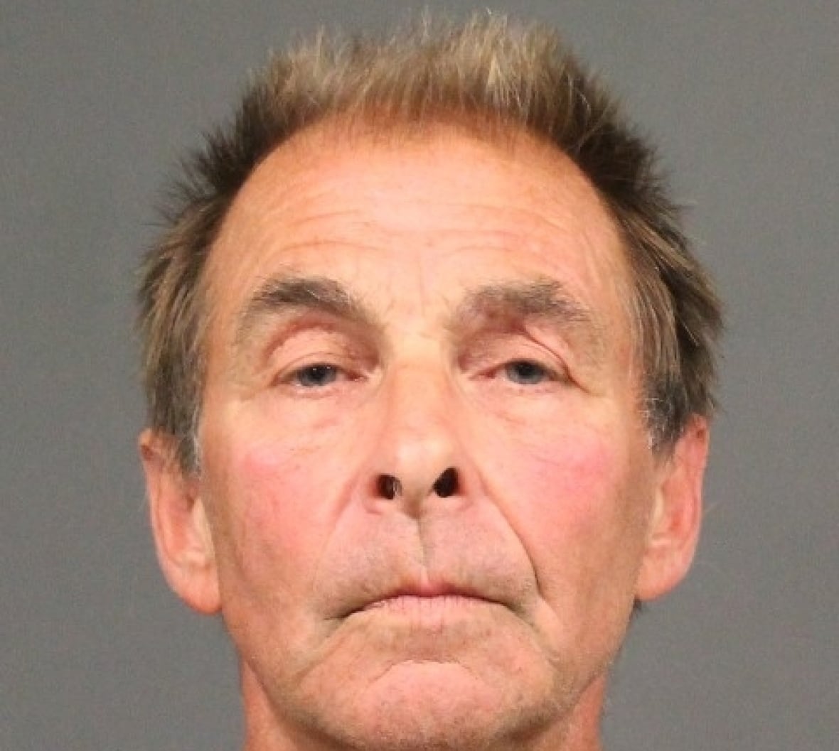 A mug shot of a man in his 60s who is clean-shaven, has short, swept-back brown hair and blue eyes.