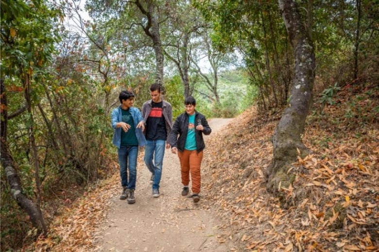 Three people with short hair walk side by side down a tree-lined path toward the camera. They are smiling and talking and gesturing with their hands. 