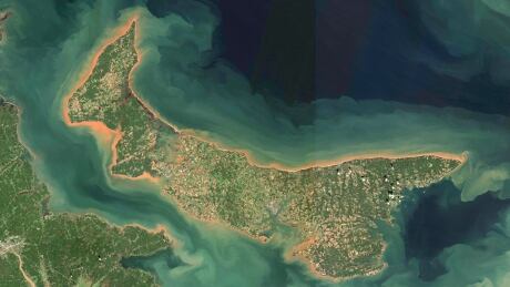 This satellite image is based on data from Sunday, Sept. 25, with the lighter sections around P.E.I.'s shores indicating where sand and soil from the land is now in shallow ocean water adjoining the shore. Satellite image PEI post-Fiona